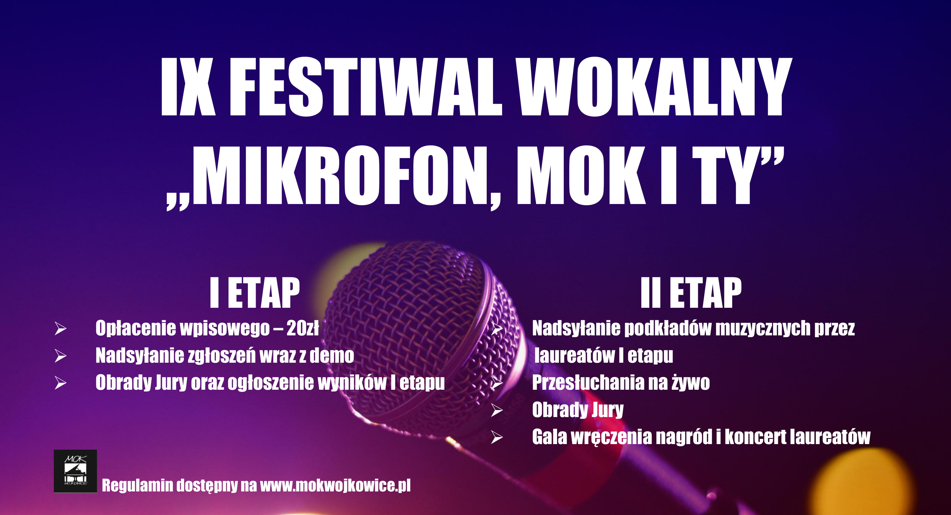 Plakat do IX Festiwalu Wokalnego "Mikrofon, MOK i Ty" 2020 organizowanego przez Miejski Ośrodek Kultury w Wojkowicach