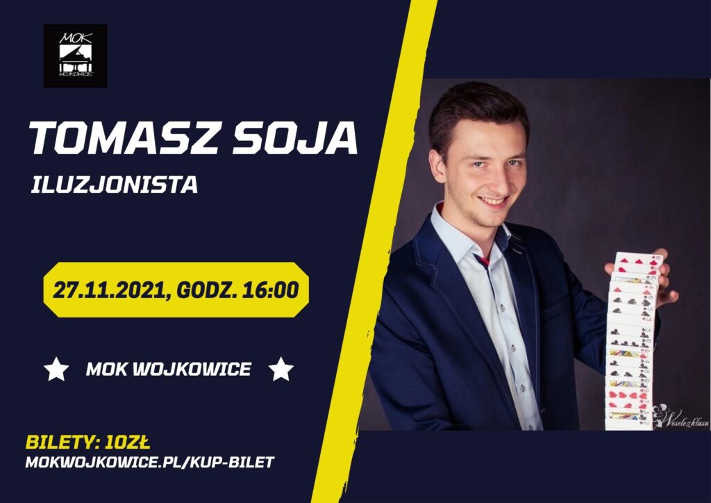 Plakat na Andrzejkowy pokaz iluzji, 27 listopada 2021, godzina 16:00, w Miejskim Ośrodku Kultury w Wojkowicach
