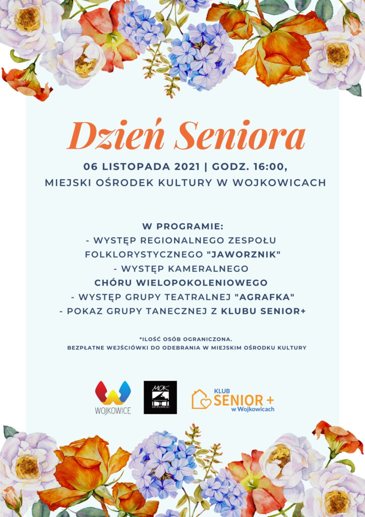 Plakat na Dzień Seniora 06.11.2021 w Miejskim Ośrodku Kultury w Wojkowicach