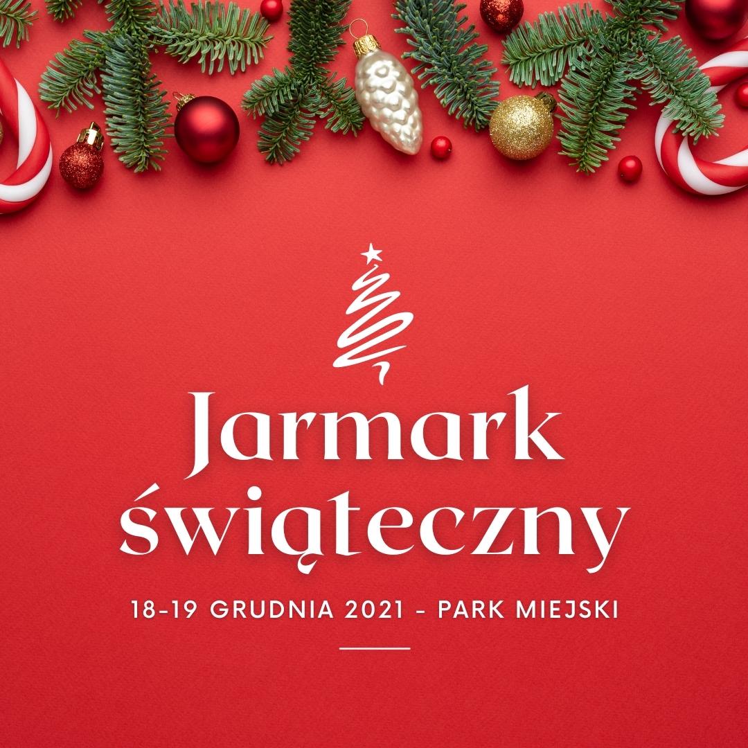 Plakat na Pierwszy Jarmark Świąteczny w Wojkowicach. Park Miejski, 18 i 19 grudnia 2021 w godzinach od 12:00 do 20:00. Organizatorzy - Miejski Ośrodek Kultury w Wojkowicach oraz Urząd Miasta Wojkowice