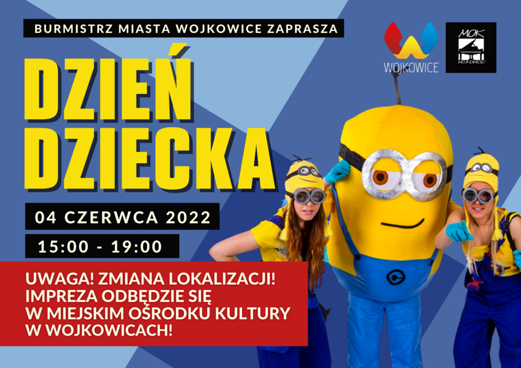 Dzień Dziecka w Parku Miejskim w Wojkowicach 4 czerwca 2022 od 15:00 do 19:00. Organizator Miejski Ośrodek Kultury w Wojkowicach