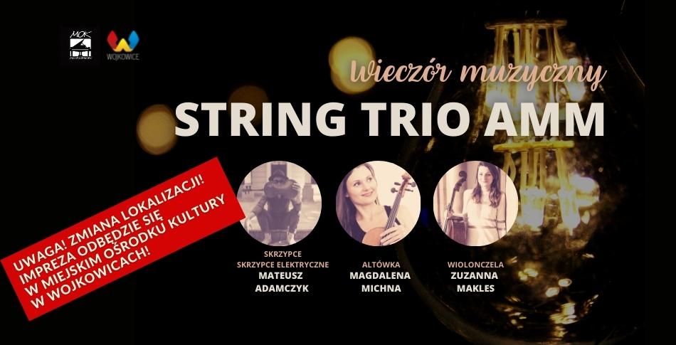 Plakat na Wieczorek Muzyczny z String Trio AMM - 1 lipca 2022 - Park Miejski w Wojkowicach - MOK Wojkowice