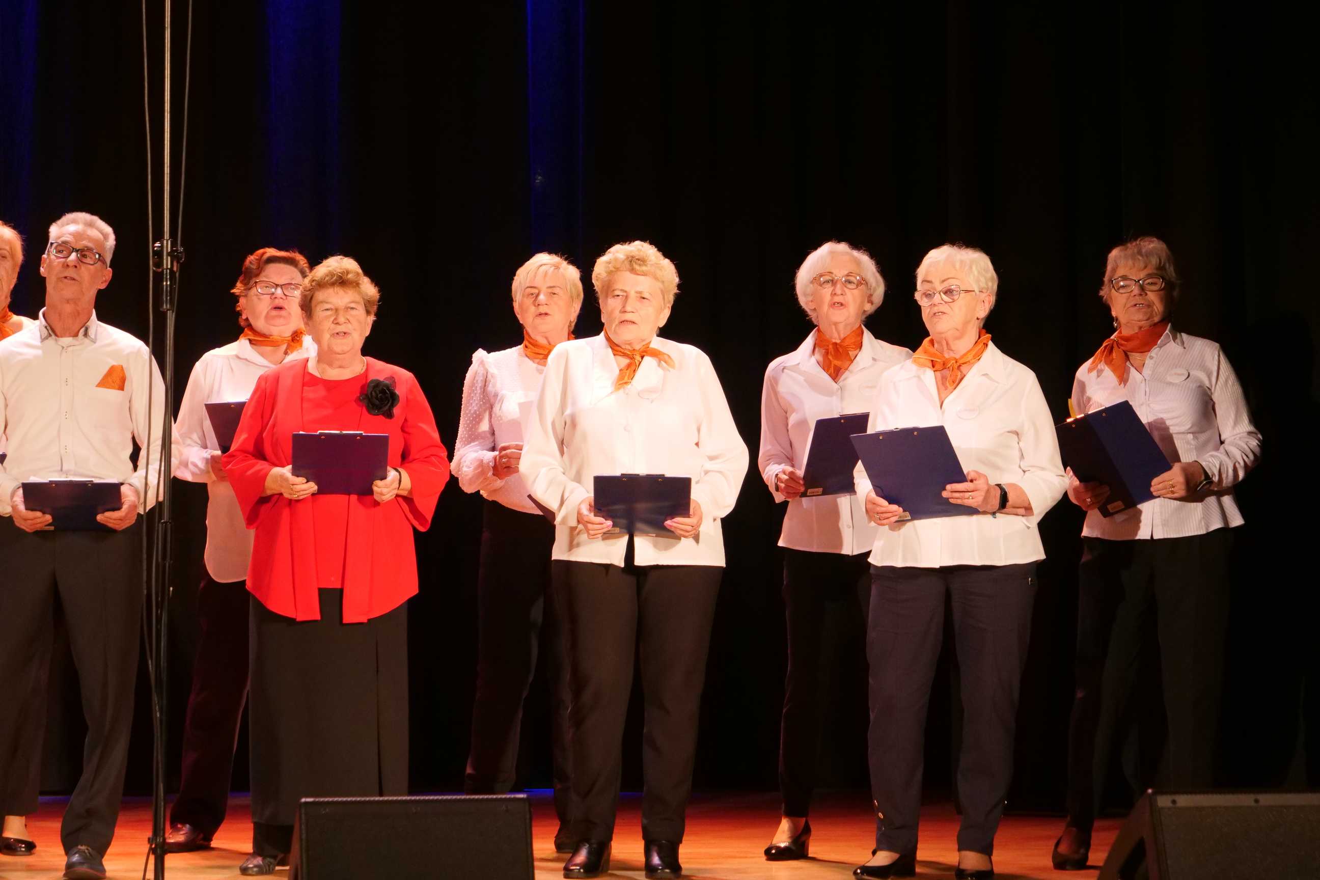 Występujący na scenie podczas dnia seniora 4 listopada 2022 w Miejskim Ośrodku Kultury w Wojkowicach