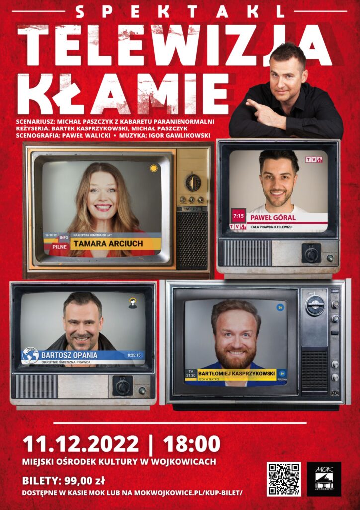 Grafika informująca o spektaklu Telewizja kłamie 23 listopada o godzinie 18:00 w Miejskim Ośrodku Kultury w Wojkowicach