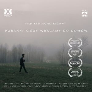 plakat informujący o pokazie filmu krótkometrażowego "Poranki, kiedy wracamy do domów" i spotkaniu z twórcami - Kolektywem Kuzyni