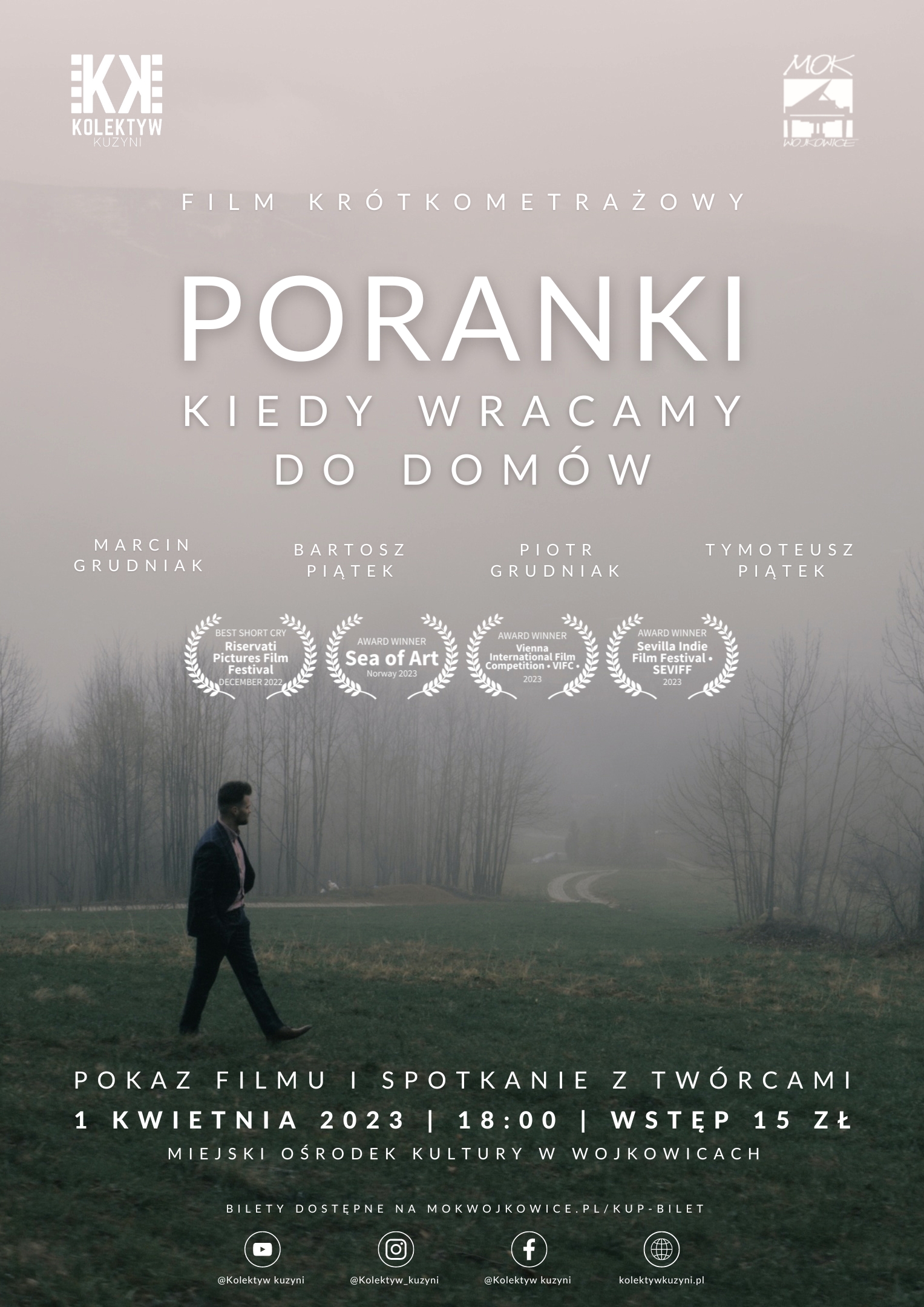 plakat informujący o pokazie filmu krótkometrażowego "Poranki, kiedy wracamy do domów" i spotkaniu z twórcami - Kolektywem Kuzyni